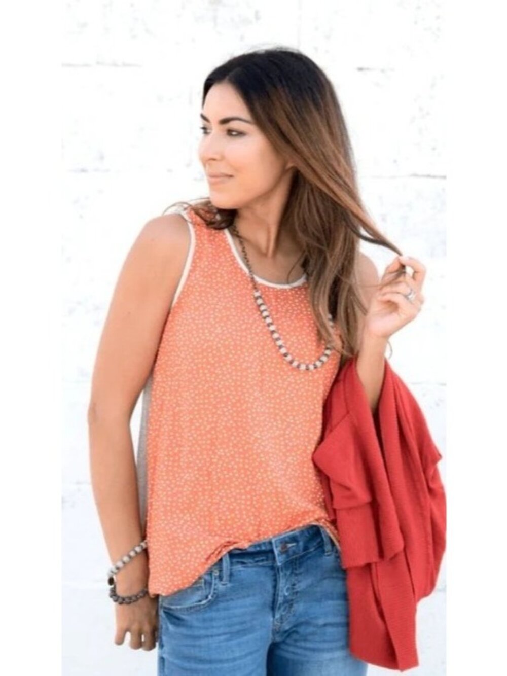 Betsey's Boutique Tank Top Size Small Polka Dot Front Peach Soft Relaxed Rayon